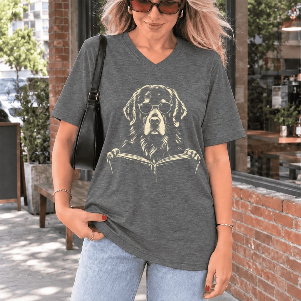 Golden Retriever Reading Book Ultra-Soft V-Neck | Dog Mom Reader Gift Deep Heather