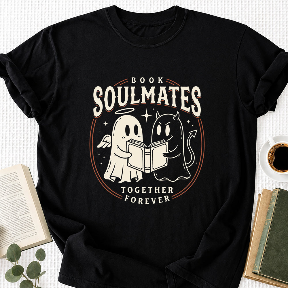 Book Soulmates Together Forever Printed T-Shirt | Halloween Book Lover Gift Black