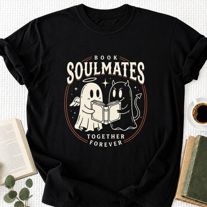 Book Soulmates Together Forever Printed T-Shirt | Halloween Book Lover Gift Black