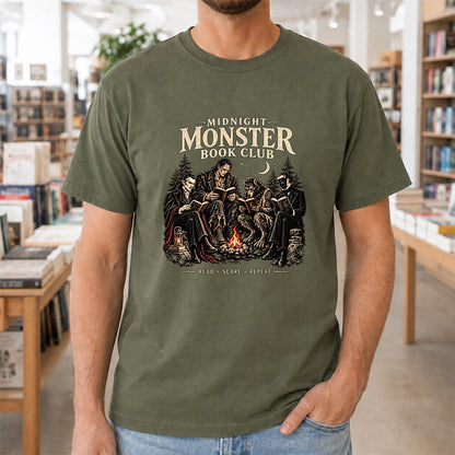 Midnight Monster Book Club Printed T-Shirt | Halloween Book Lover Gift Military Green