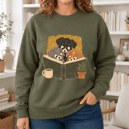 Minimal Japanese Dogs Reading Crewneck Sweatshirt | Reader Gift Military Green