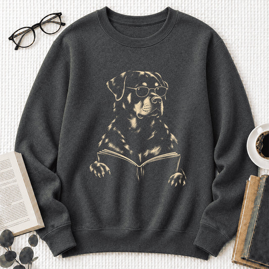 Rottweiler Reading Book Crewneck Sweatshirt | Reader Gift Dark Heather