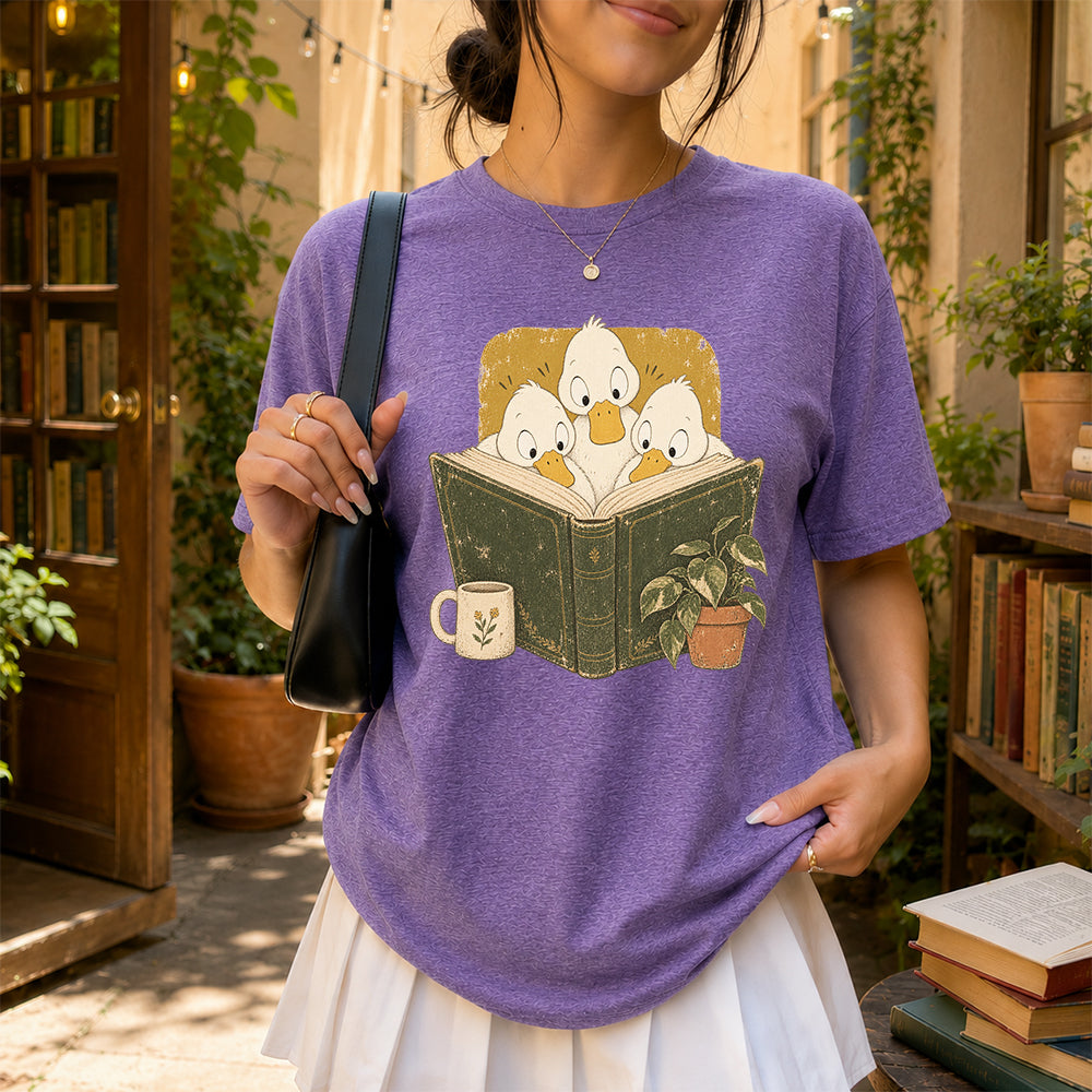 Minimal Japanese Ducks Reading Softstyle T-Shirt | Book Lover Gift Heather Purple