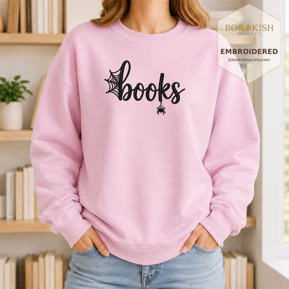 Halloween Books Embroidered Sweatshirt | Spooky Book Lover Gift Light Pink