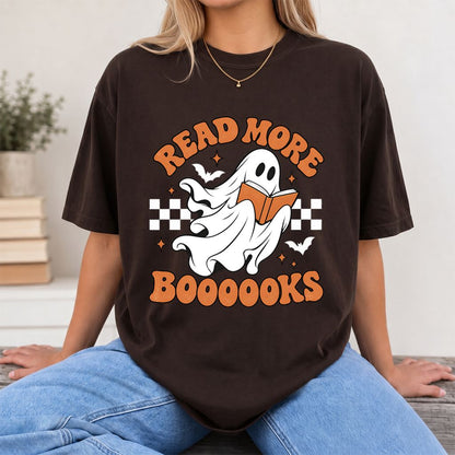 Read More Books Flying Ghost Printed T-Shirt | Halloween Book Lover Gift Dark Chocolate