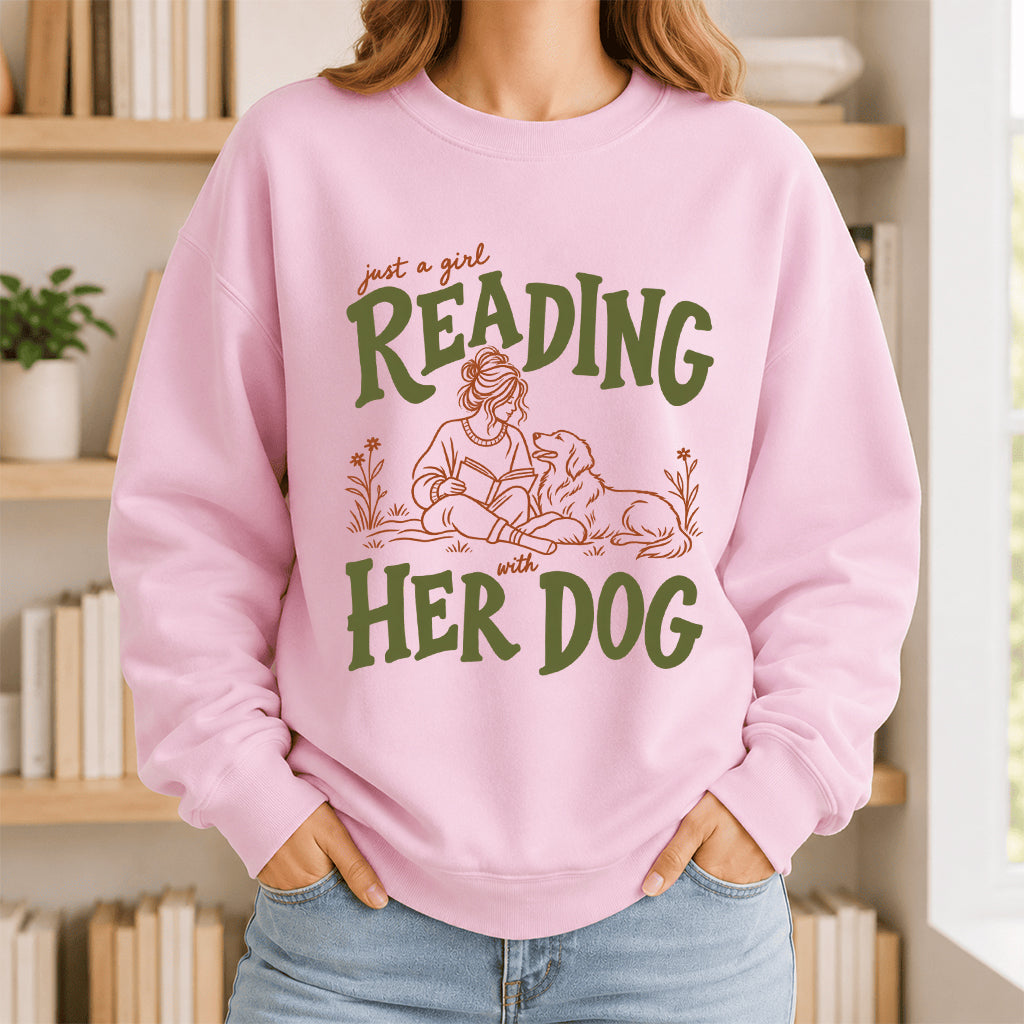 Just A Girl Reading With Her Dog Crewneck Sweatshirt | Reader Gift Light Pink