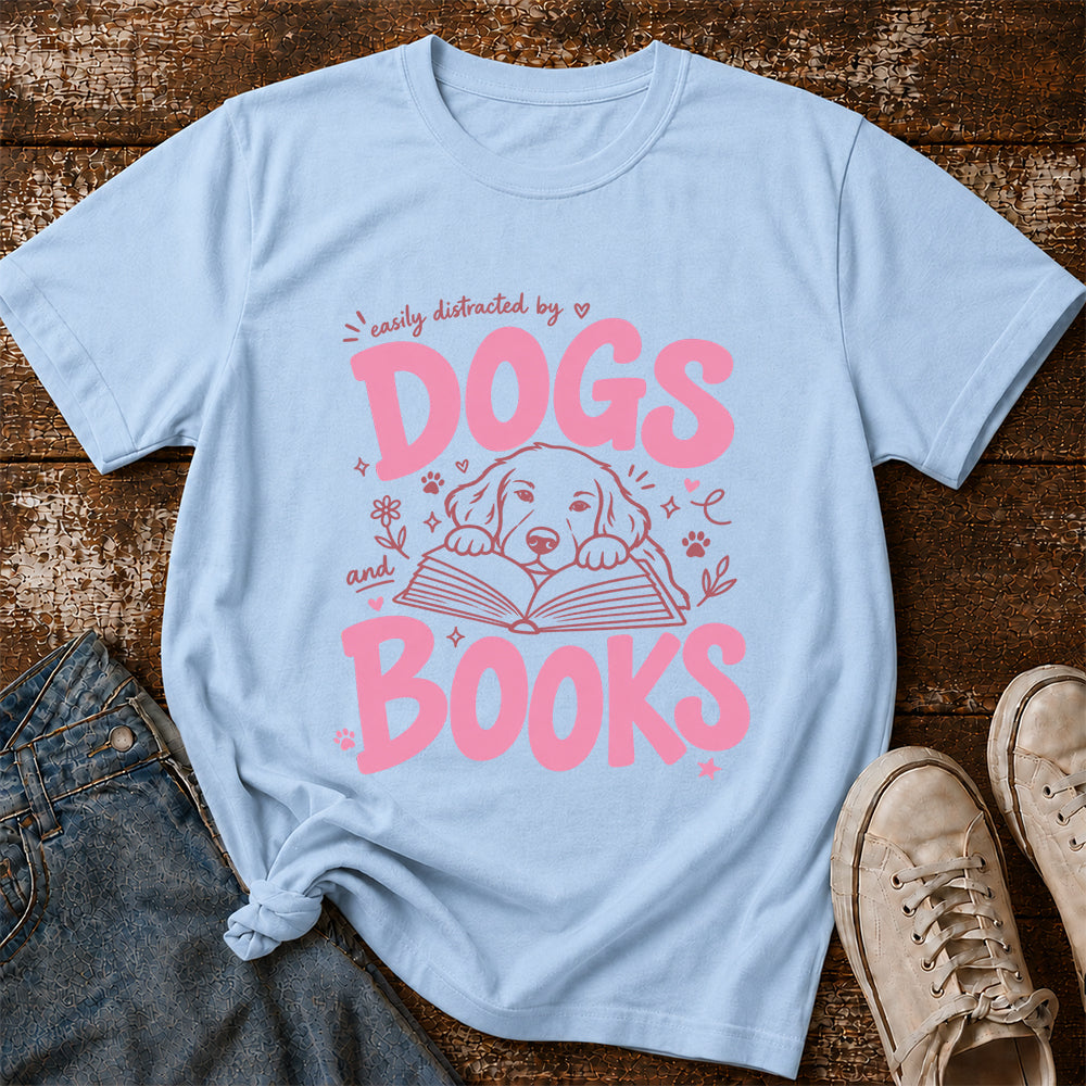 Easily Distracted by Dog and Books Cotton T-Shirt | Dogs Lover & Reader Gift Light Blue