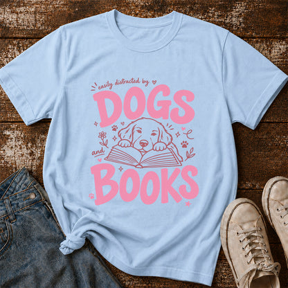 Easily Distracted by Dog and Books Cotton T-Shirt | Dogs Lover & Reader Gift Light Blue