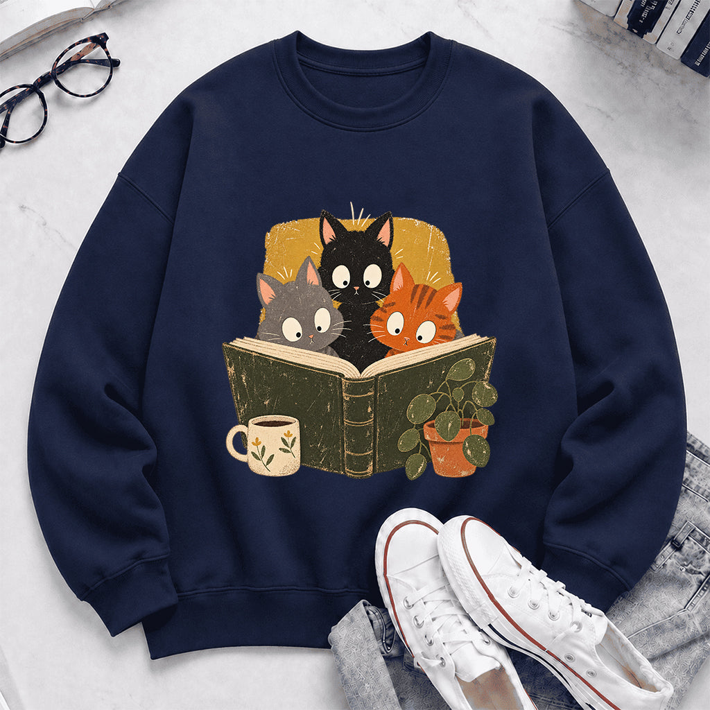 Minimal Japanese Cats Reading Crewneck Sweatshirt | Reader Gift Navy