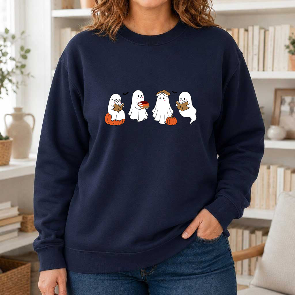 Halloween Ghosts Reading Printed Sweatshirt | Spooky Book Lover Gift Navy