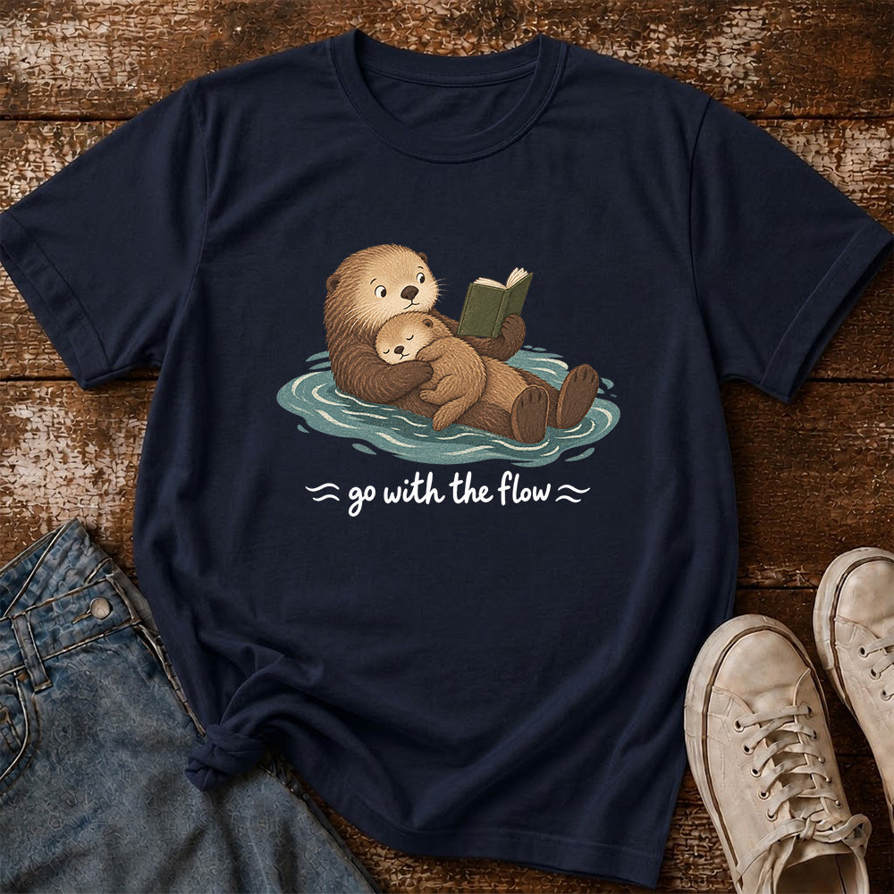 Go With The Flow Otter Reading Softstyle T-Shirt | Book Lover Gift Navy
