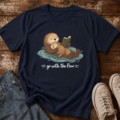 Go With The Flow Otter Reading Softstyle T-Shirt | Book Lover Gift Navy