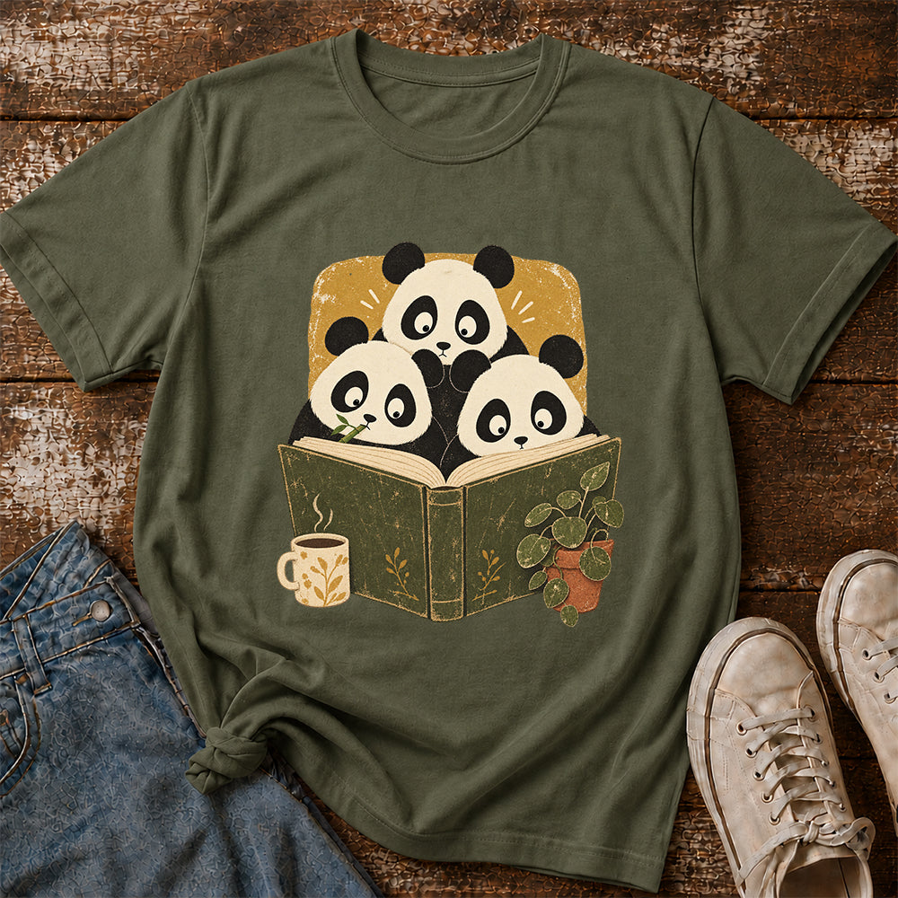 Minimal Japanese Pandas Reading Softstyle T-Shirt | Book Lover Gift Military Green