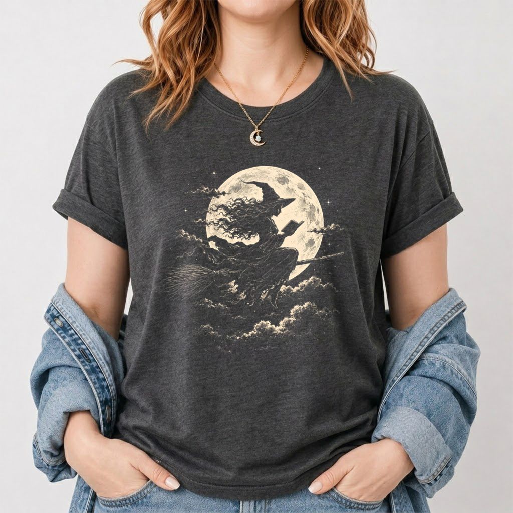 Reading Witch On The Flying Broom Printed T-Shirt | Halloween Book Lover Gift Dark Heather
