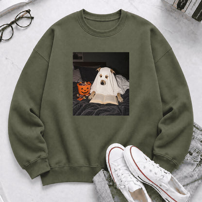 Cute Reading Ghost Dog Printed Sweatshirt | Halloween Book Lover Gift Military Green