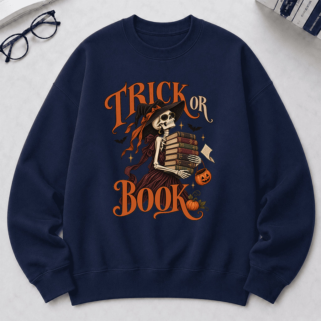 Trick Or Book Printed Sweatshirt | Halloween Book Lover Gift Navy