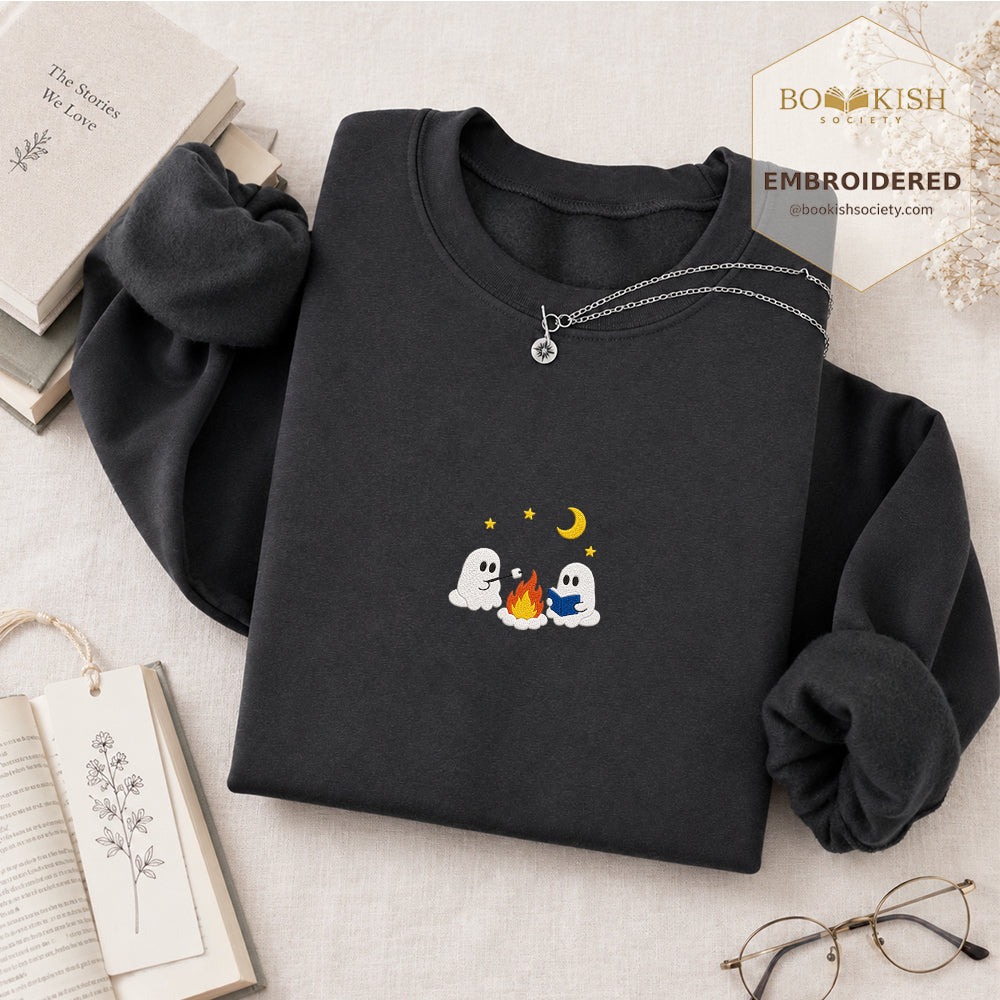 Cute Ghost Camping Embroidered Sweatshirt | Reader Gift Dark Heather