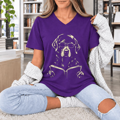 Labrador Retriever Reading Book Ultra-Soft V-Neck | Dog Mom Reader Gift Team Purple