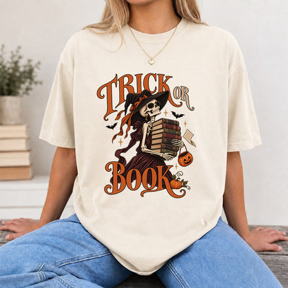 Trick Or Book Lady Printed T-Shirt | Halloween Book Lover Gift Natural