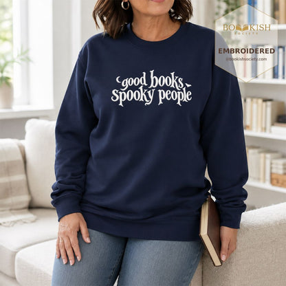 Good Books Spooky People Embroidered Sweatshirt | Halloween Book Lover Gift Navy