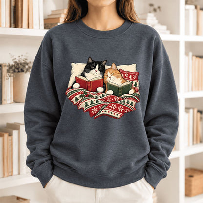 Christmas Reading Cat Couple Softstyle Sweatshirt | Cozy Christmas Gift Dark Heather