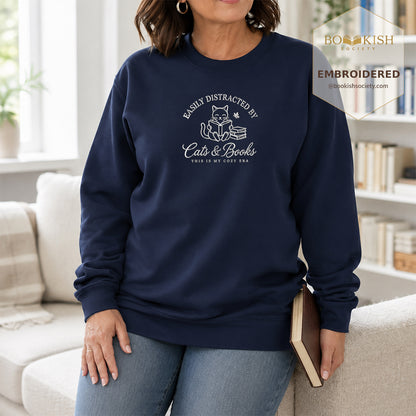 Easily Distracted By Cats And Books V2 Embroidered Sweatshirt | Reader Gift Navy
