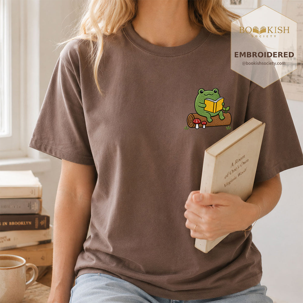 Embroidered Frog on Log Reading Book Comfort Color® T-shirt Book Lover Gift Espresso