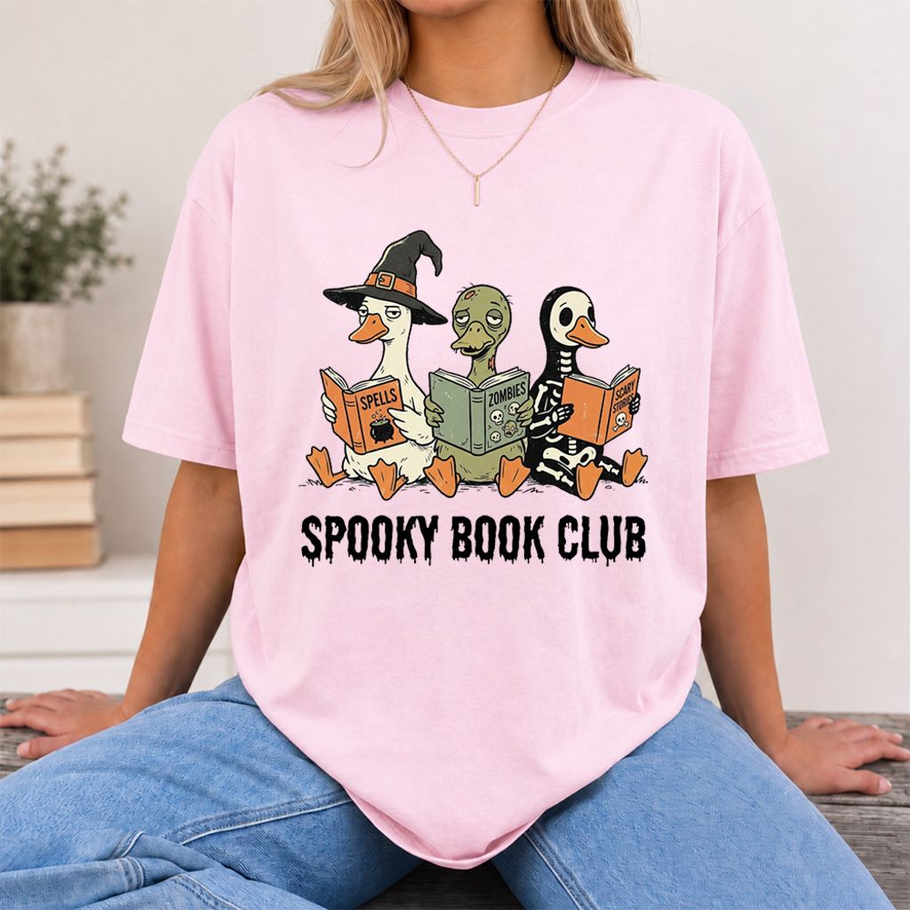 Spooky Book Club Printed T-Shirt | Halloween Book Lover Gift Light Pink