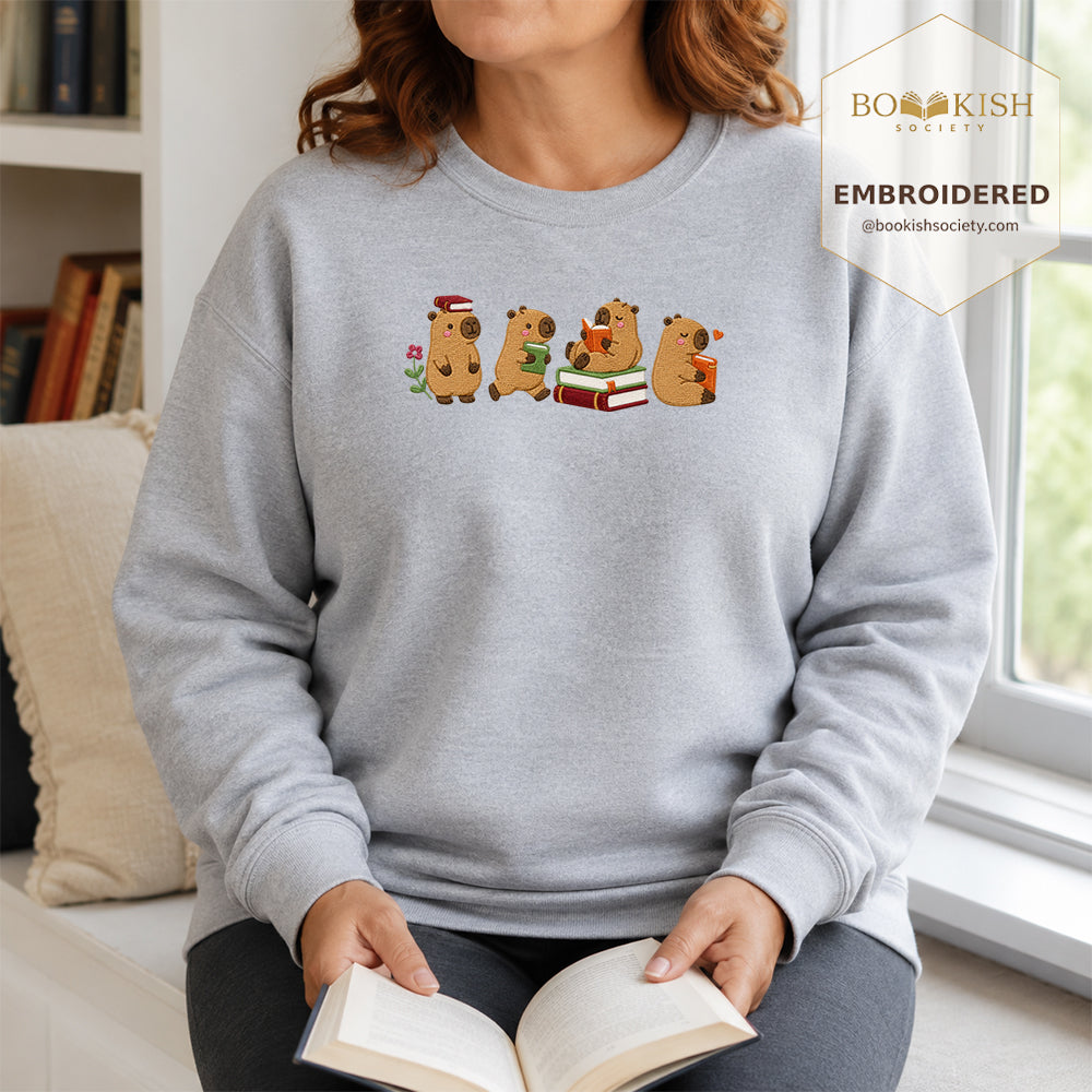 Reading Capybaras Embroidered Sweatshirt | Reader Gift Sport Grey