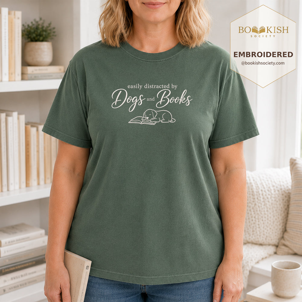 Easily Distracted By Dogs And Books Embroidered Comfort Color® T-shirt | Book Lover Gift Moss