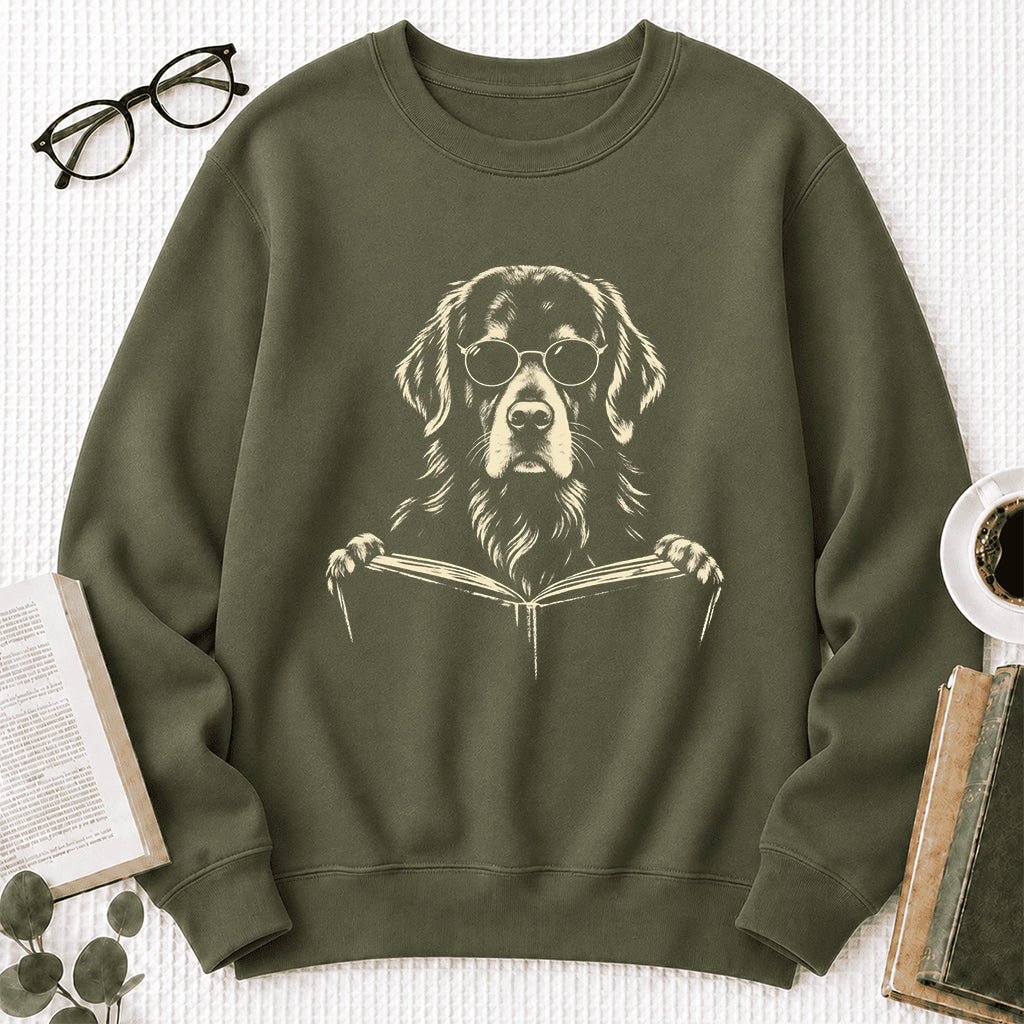 Golden Retriever Reading Book Crewneck Sweatshirt | Reader Gift Military Green