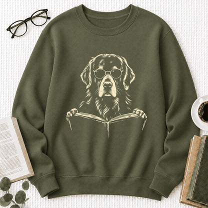 Golden Retriever Reading Book Crewneck Sweatshirt | Reader Gift Military Green
