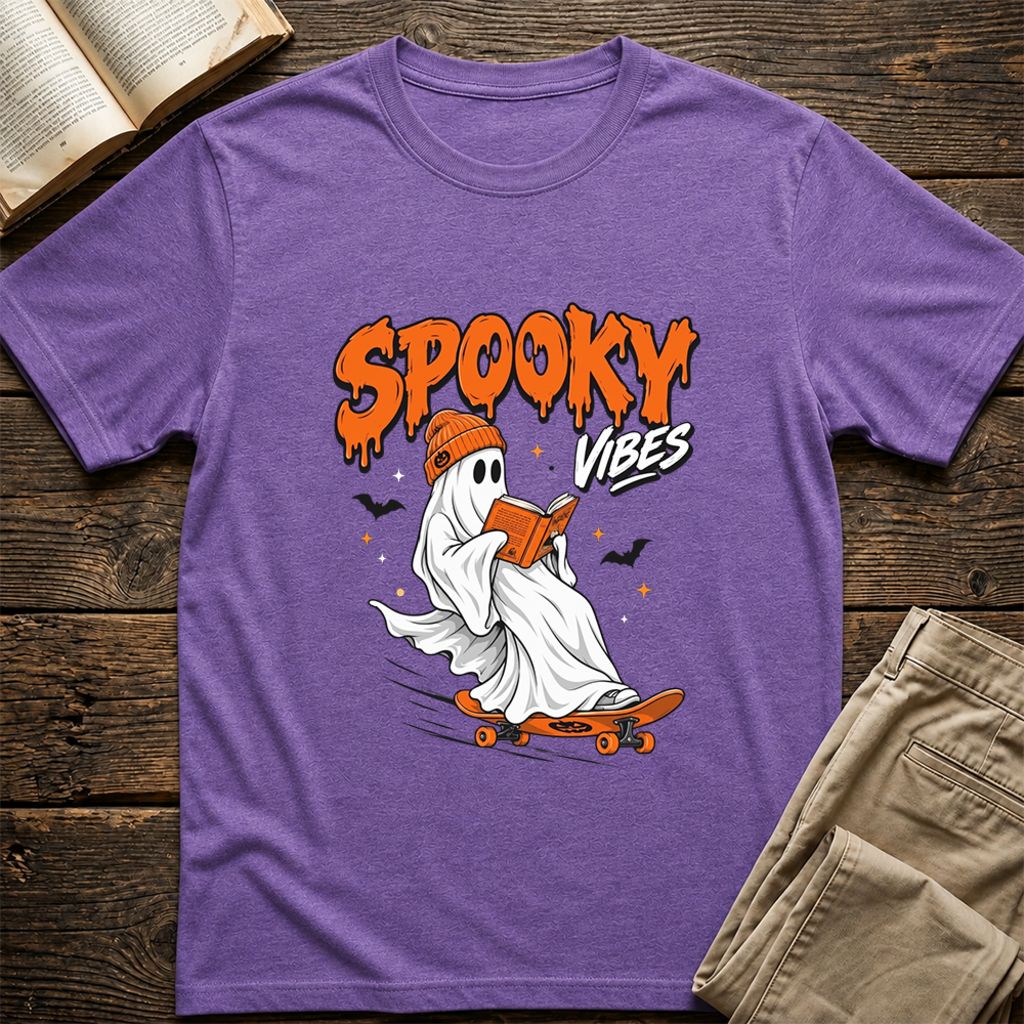 Spooky Vibes Printed T-Shirt | Halloween Book Lover Gift Heather Purple