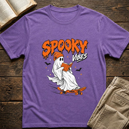 Spooky Vibes Printed T-Shirt | Halloween Book Lover Gift Heather Purple
