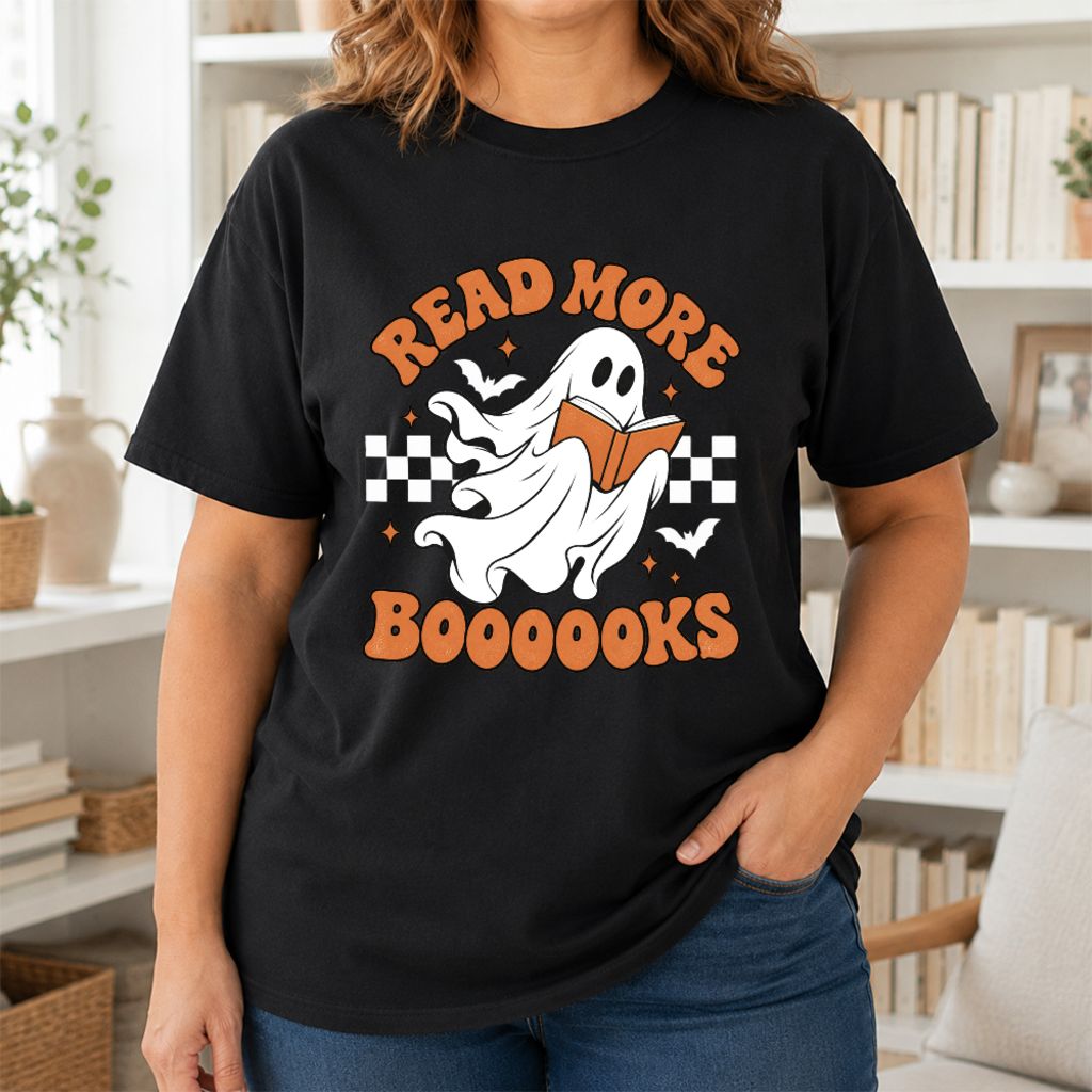 Read More Books Flying Ghost Printed T-Shirt | Halloween Book Lover Gift Black