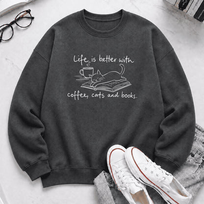 Funny Cats and Books Crewneck Sweatshirt | Reader Gift Dark Heather