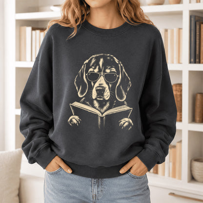 Beagle Reading Book Crewneck Sweatshirt | Reader Gift Dark Heather