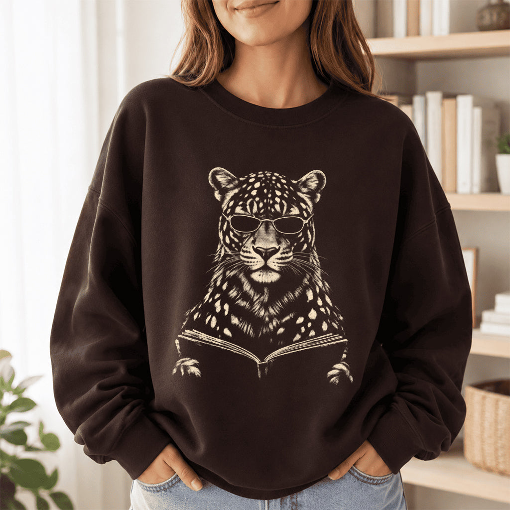 Leopard Reading Book Crewneck Sweatshirt | Reader Gift Dark Chocolate