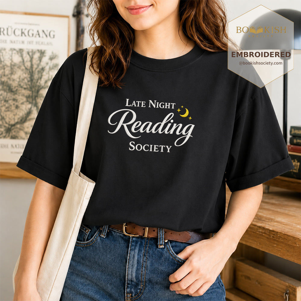 Late Night Reading Society Embroidered Comfort Color® T-shirt | Book Lover Gift Black