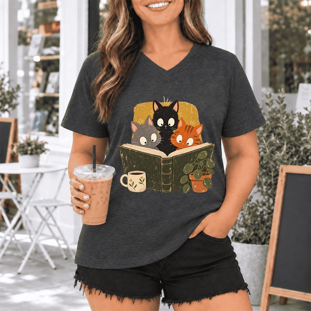 Curious Reading Cats Ultra-Soft V-Neck | Cat Lover Reader Gift Dark Grey Heather