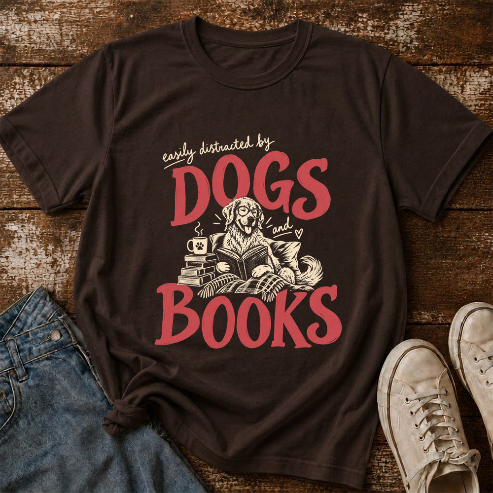 Easily Distracted By Dogs And Books Softstyle T-Shirt | Book Lover Gift Dark Chocolate