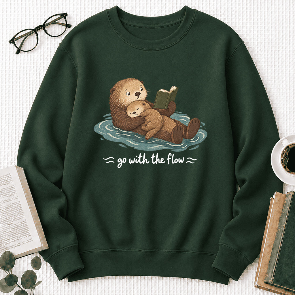 Go With The Flow Otter Reading Crewneck Sweatshirt | Reader Gift Forest Green
