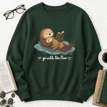 Go With The Flow Otter Reading Crewneck Sweatshirt | Reader Gift Forest Green