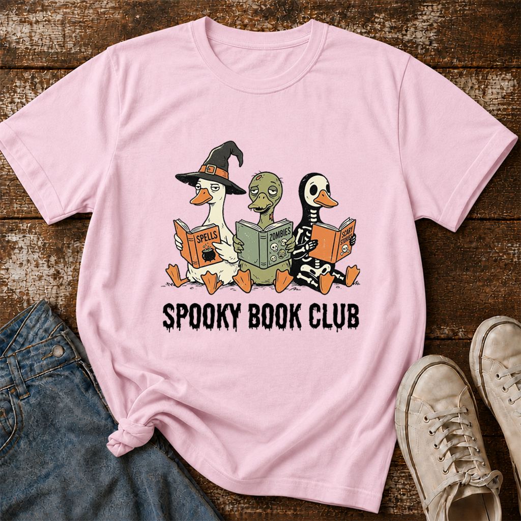 Spooky Book Club Printed T-Shirt | Halloween Book Lover Gift Light Pink