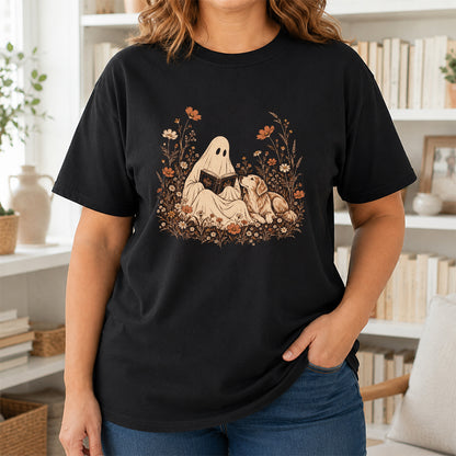 Ghost Wildflowers With Book And Golden Retriever Printed T-Shirt | Halloween Dog Lover Gift Black