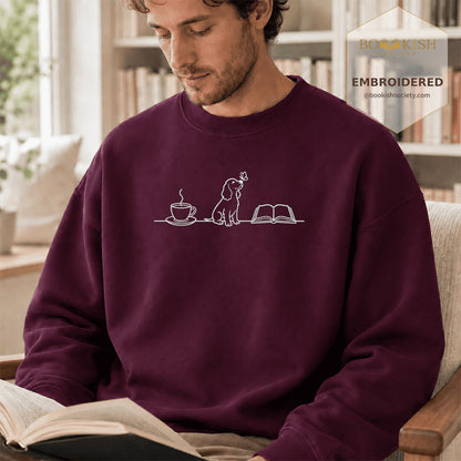 Coffee Dogs And Books Embroidered Sweatshirt | Reader Gift Maroon