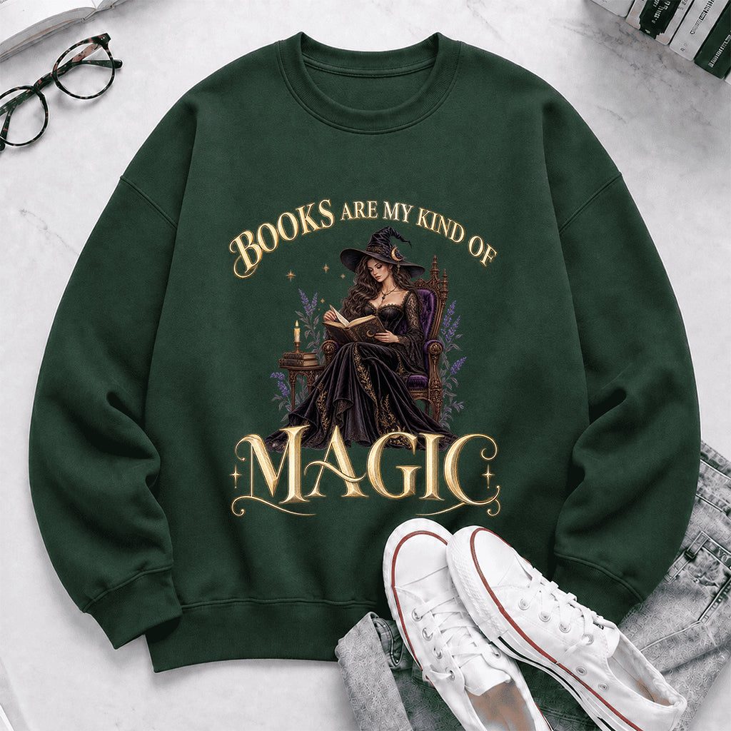 Books Are My Kind Of Magic Crewneck Sweatshirt | Halloween Literary Fantasy Book Lover Gift Forest Green