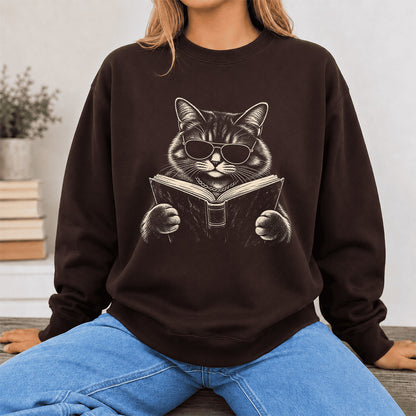 Cat Reading Book Crewneck Sweatshirt | Reader Gift Dark Chocolate