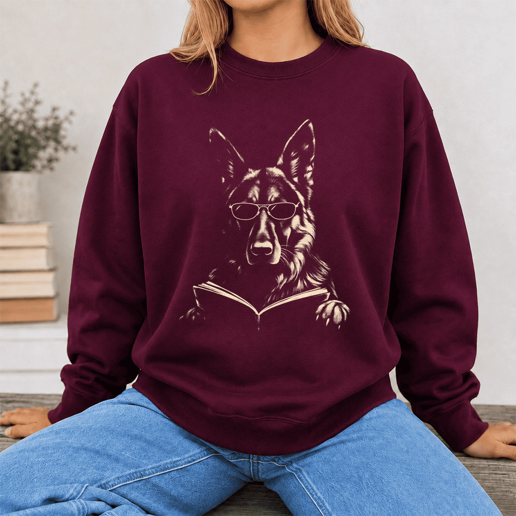 German Shepherd Reading Book Crewneck Sweatshirt | Reader Gift Maroon