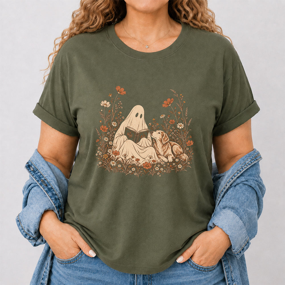Ghost Wildflowers With Book And Golden Retriever Printed T-Shirt | Halloween Dog Lover Gift Military Green